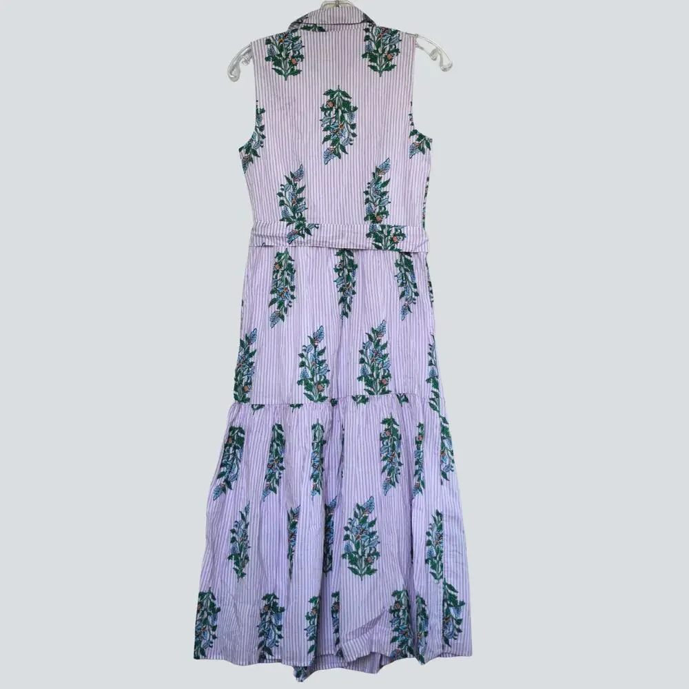 J.Crew Factory Tiered Midi Shirt Dress 00 Purple White Striped Green Block Print